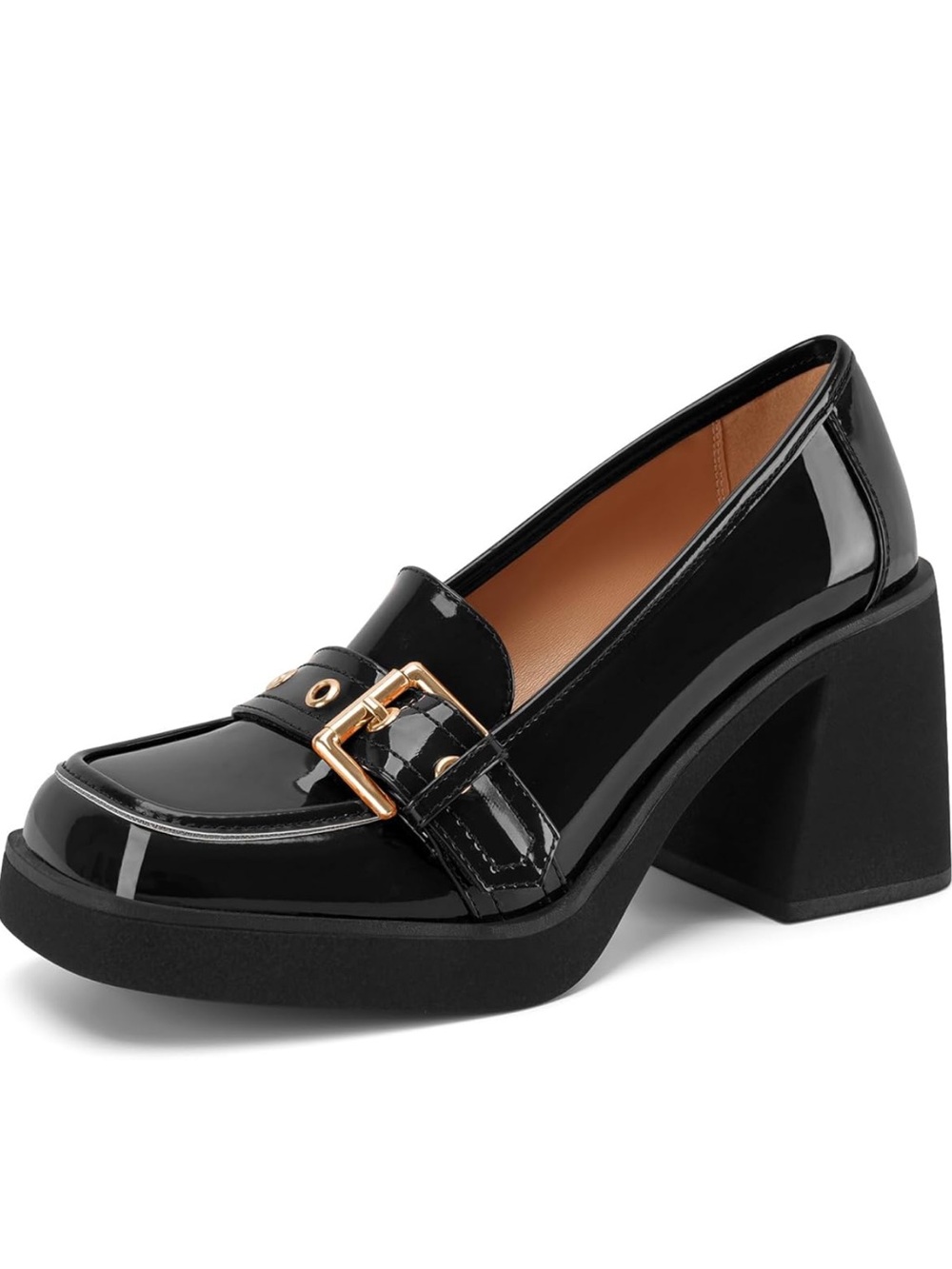 Patent Black Block Heel Loafer with Gold Buckle